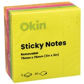 OKIN STICKY NOTES 75MM X 75MM NEON 5 PACK